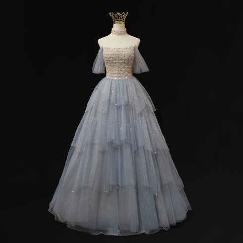 Light Blue Tulle Ball Gown Wedding Dress - Off-Shoulder Wedding Dress - Beaded Corset Back Wedding Dress Plus Size